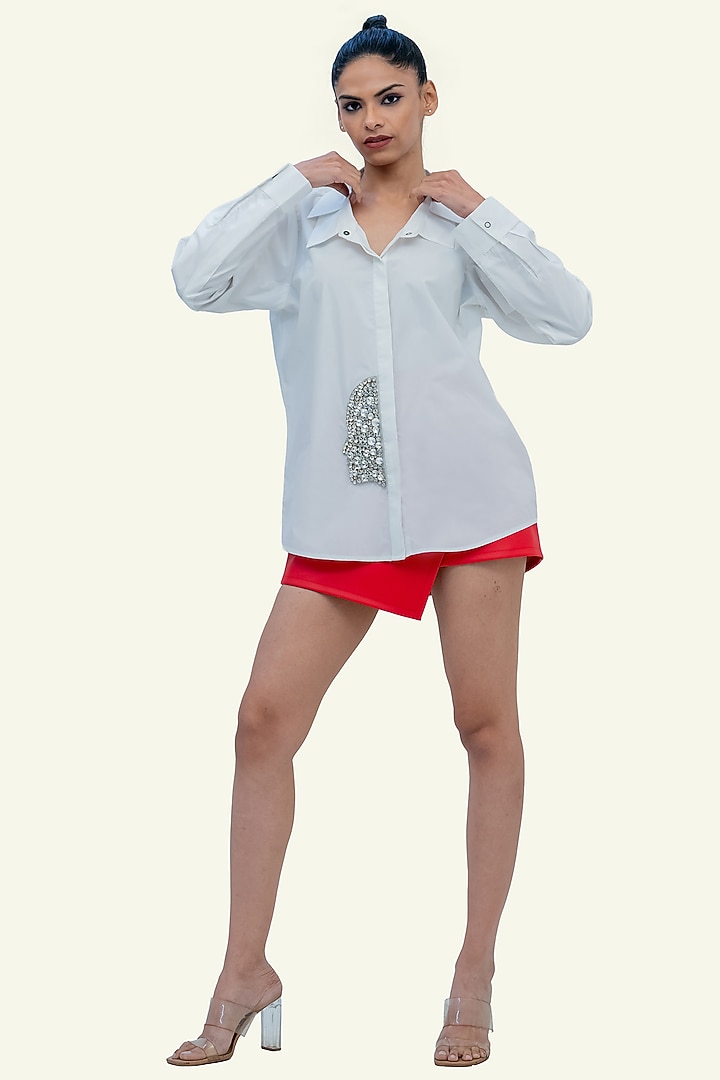 White Cotton Crystal Embroidered Shirt by Richaa Goenka at Pernia's Pop Up Shop