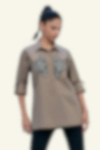 Brown Cotton Embroidered Shirt by Richaa Goenka at Pernia's Pop Up Shop