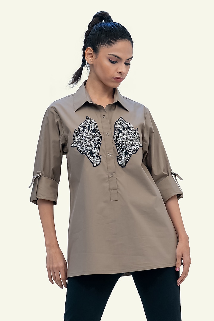 Brown Cotton Embroidered Shirt by Richaa Goenka at Pernia's Pop Up Shop