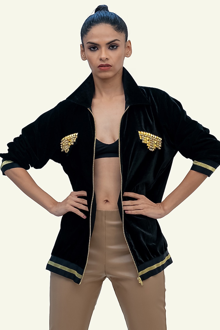 Black Velvet Bomber Jacket by Richaa Goenka at Pernia's Pop Up Shop