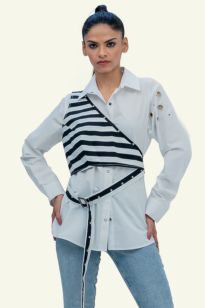 White Cotton Striped Shirt by Richaa Goenka at Pernia's Pop Up Shop