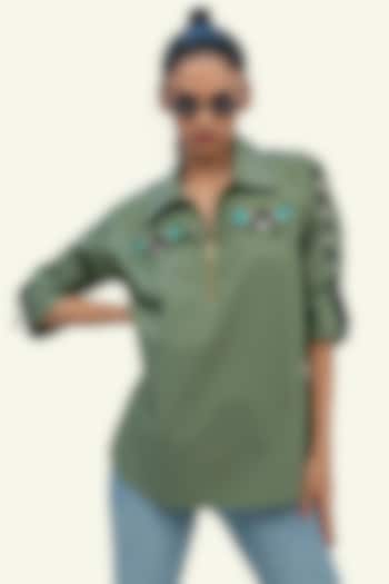 Olive Cotton Embroidered Shirt by Richaa Goenka at Pernia's Pop Up Shop