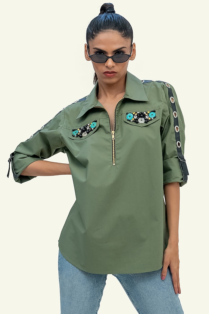 Olive Cotton Embroidered Shirt by Richaa Goenka at Pernia's Pop Up Shop