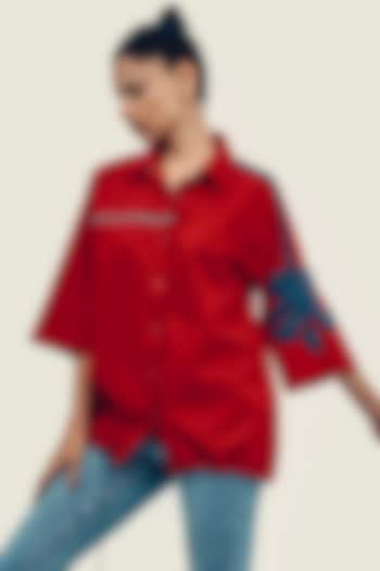 Red Cotton Floral Embroidered Shirt by Richaa Goenka at Pernia's Pop Up Shop