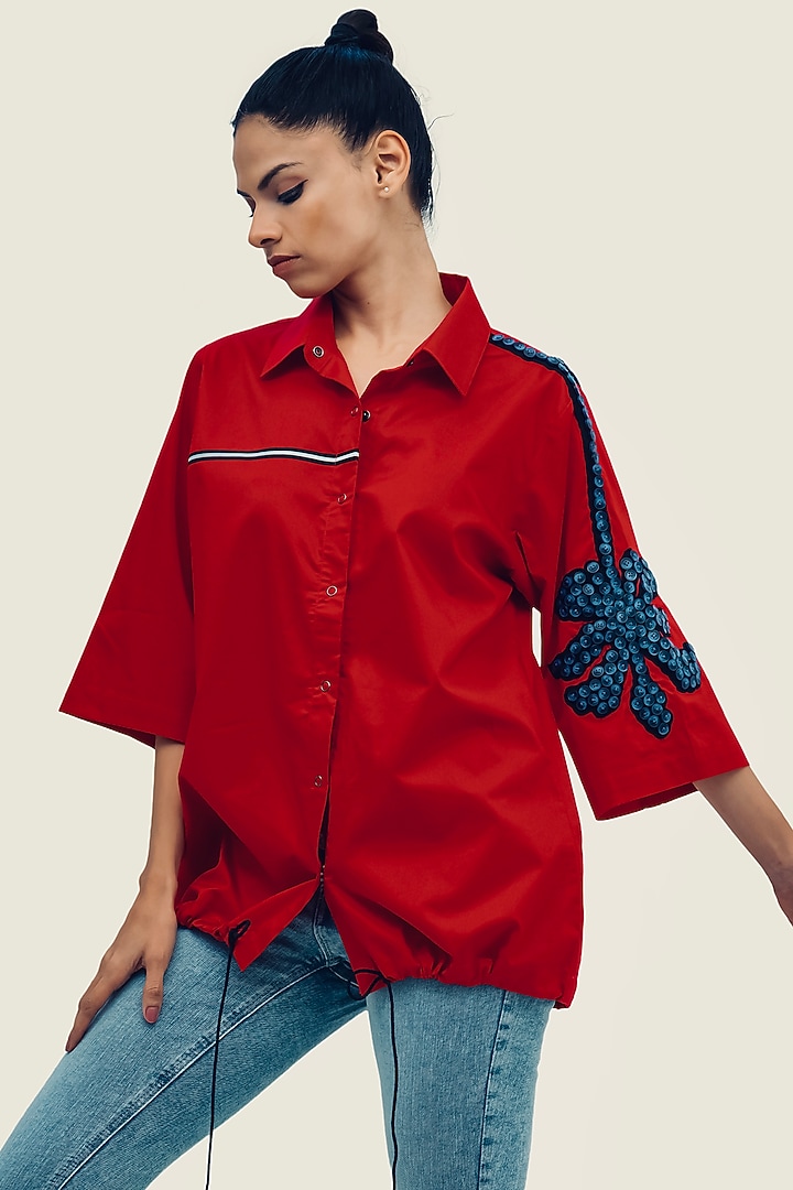 Red Cotton Floral Embroidered Shirt by Richaa Goenka at Pernia's Pop Up Shop