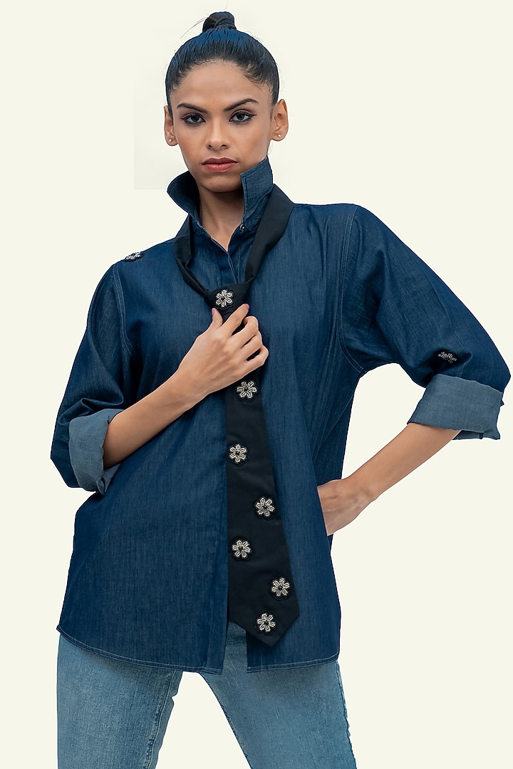 Blue & Black Denim Cotton Embroidered Shirt by Richaa Goenka at Pernia's Pop Up Shop