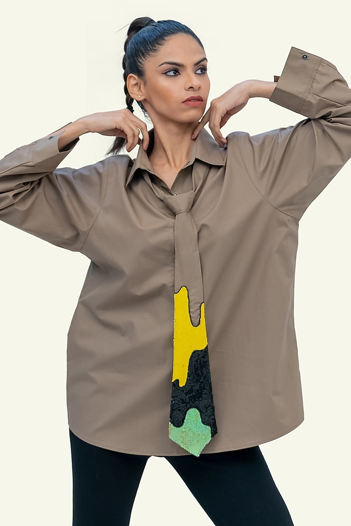 Brown Cotton Sequin Embroidered Shirt by Richaa Goenka at Pernia's Pop Up Shop