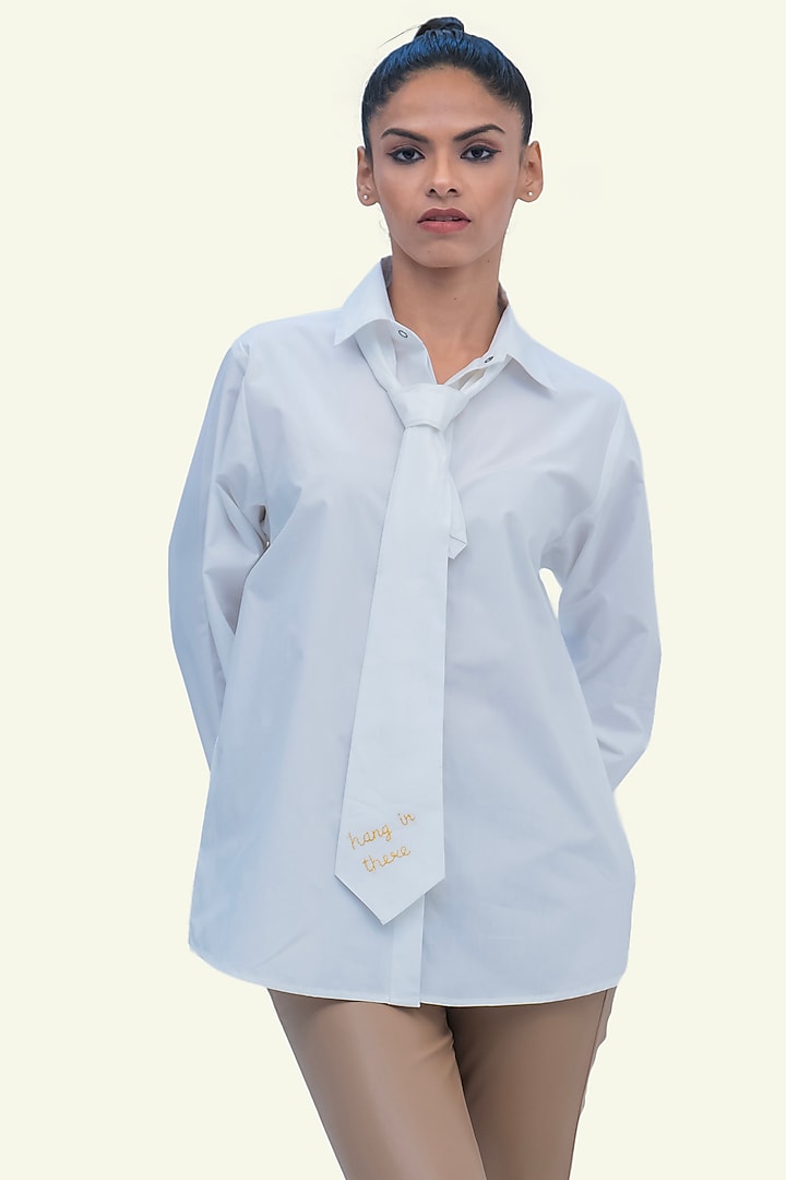 White Cotton Embroidered Shirt by Richaa Goenka at Pernia's Pop Up Shop