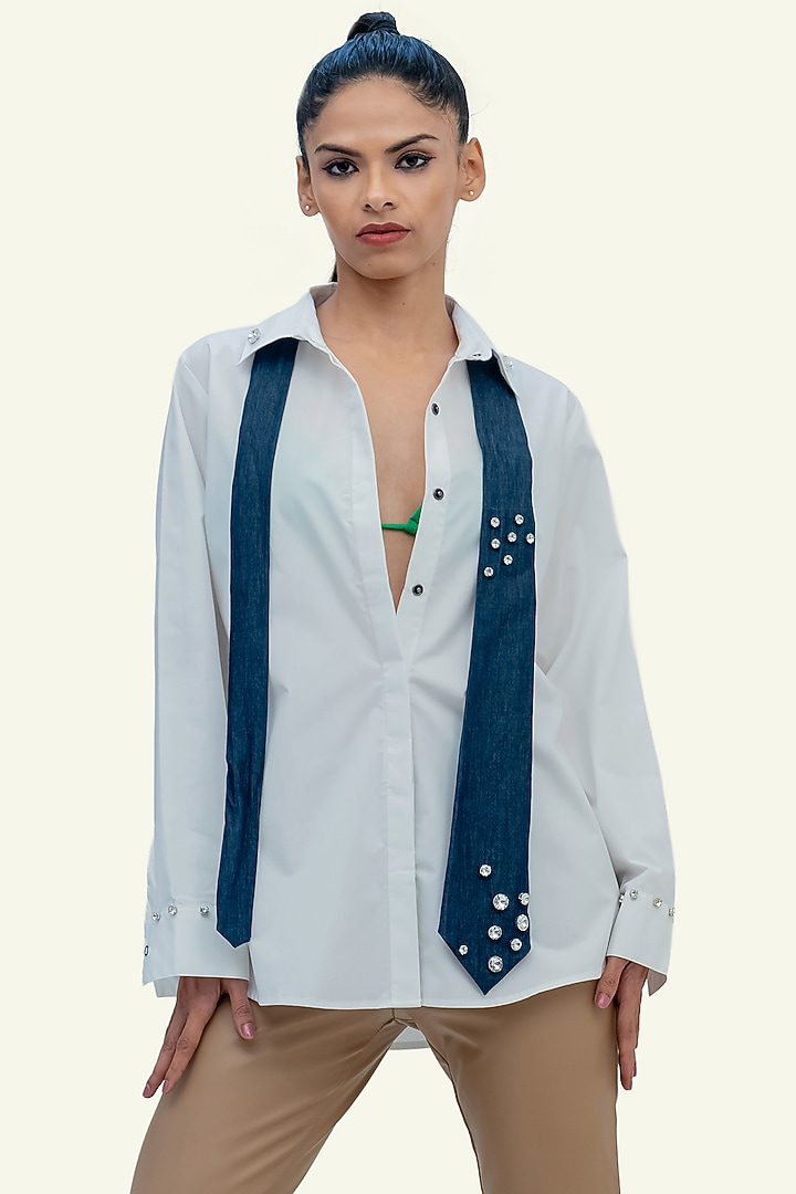 White & Blue Cotton Crystal Embroidered Shirt by Richaa Goenka at Pernia's Pop Up Shop