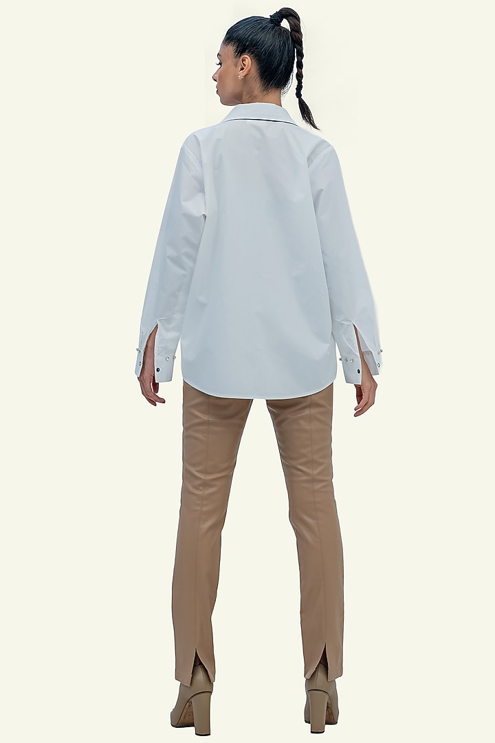 White & Blue Cotton Crystal Embroidered Shirt by Richaa Goenka at Pernia's Pop Up Shop