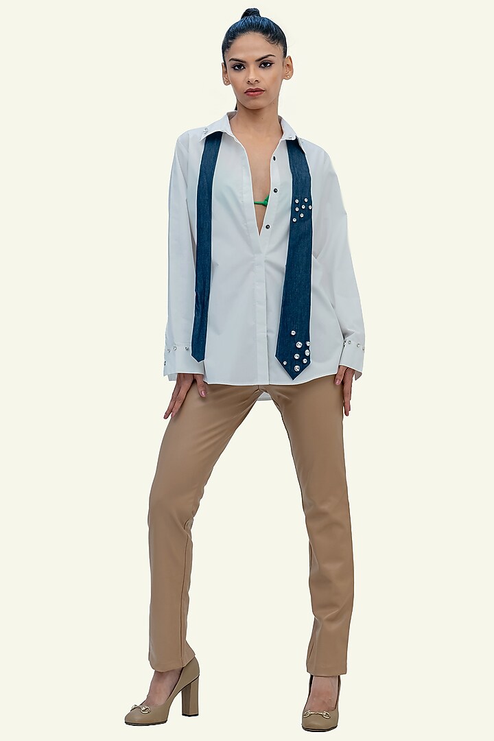 White & Blue Cotton Crystal Embroidered Shirt by Richaa Goenka at Pernia's Pop Up Shop