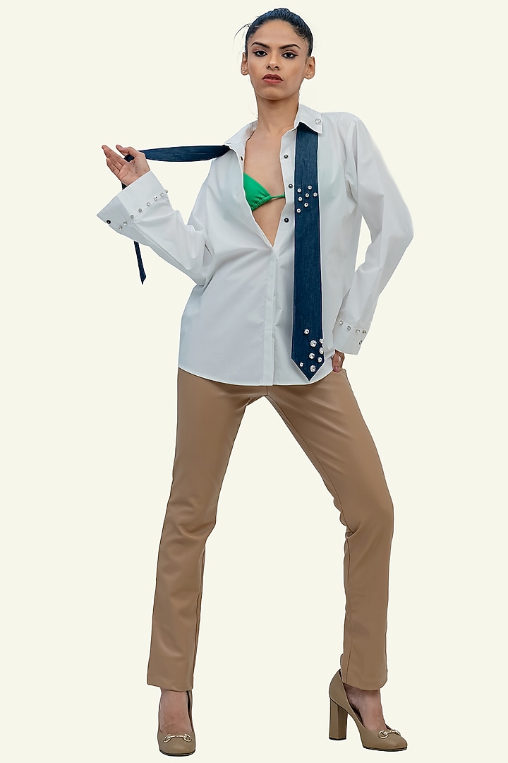 White & Blue Cotton Crystal Embroidered Shirt by Richaa Goenka at Pernia's Pop Up Shop