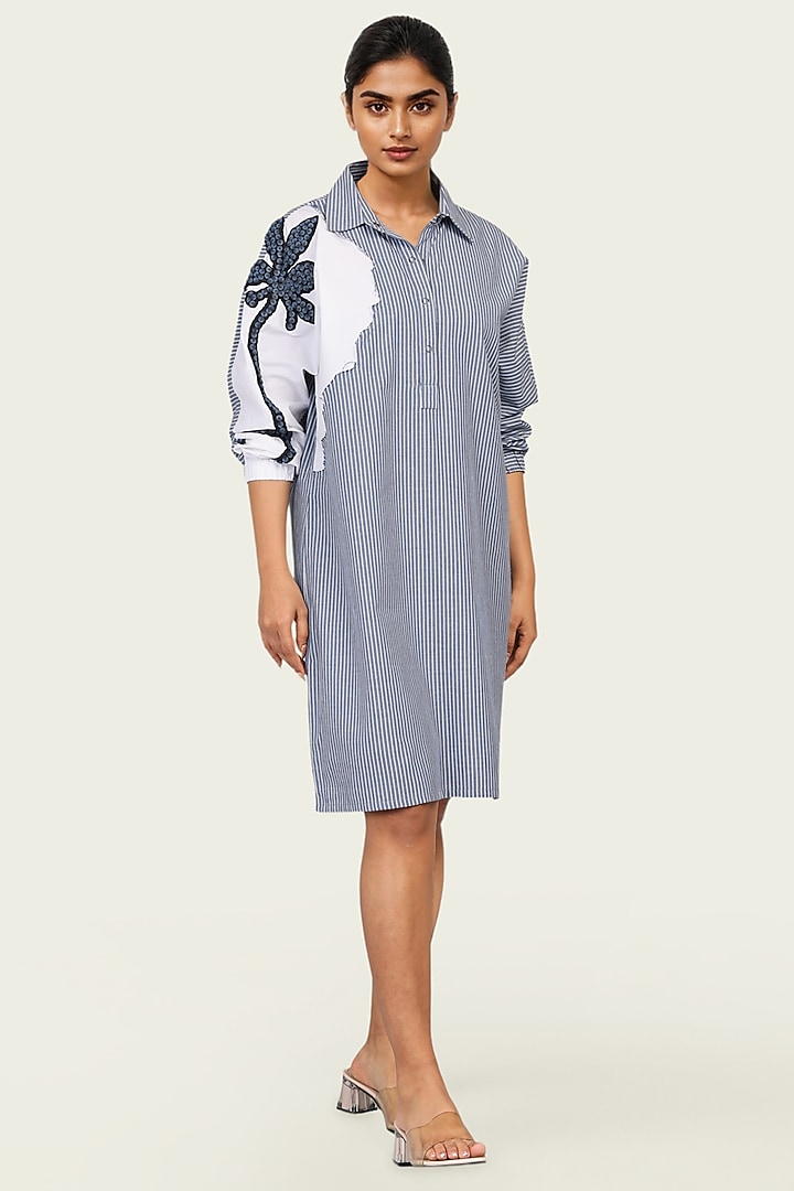 Blue & White Cotton Floral Embroidered Striped Summer Dress by Richaa Goenka at Pernia's Pop Up Shop
