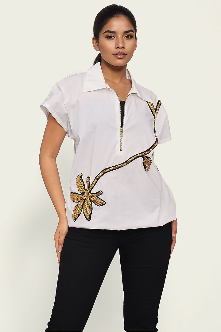 White Cotton Floral Embroidered Top by Richaa Goenka at Pernia's Pop Up Shop