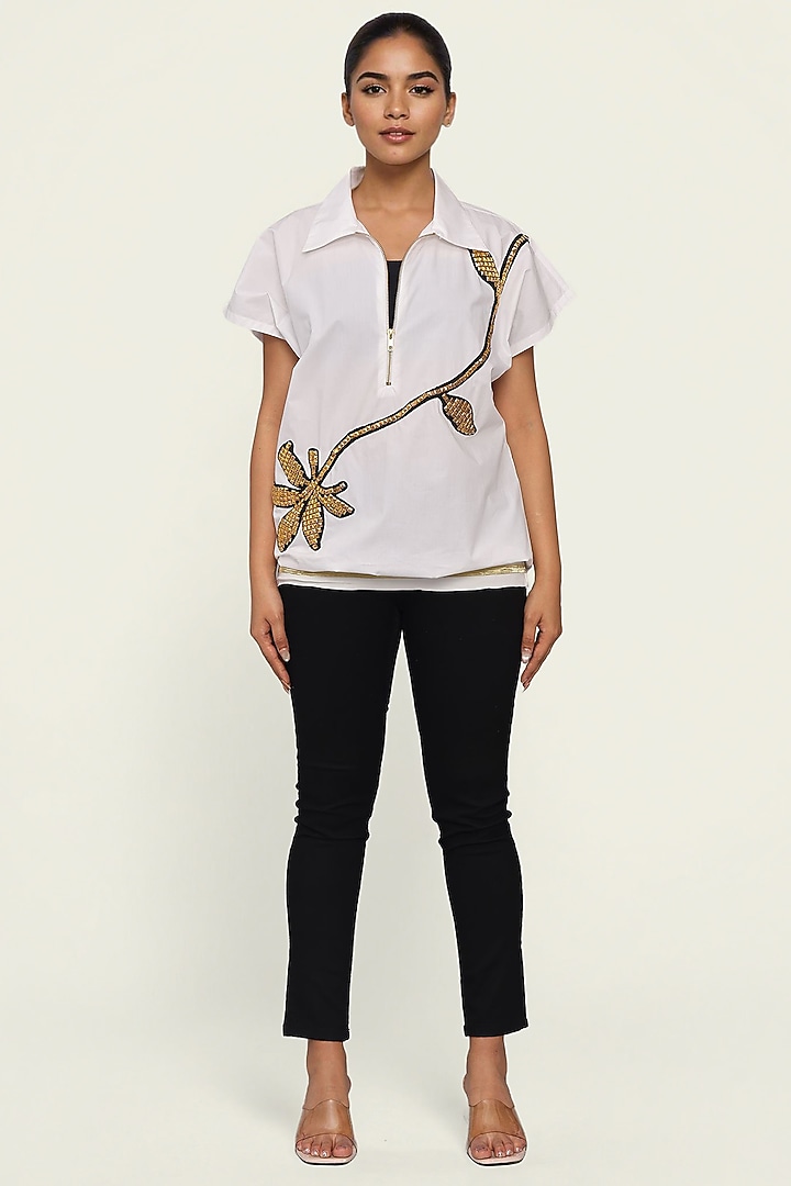 White Cotton Floral Embroidered Top by Richaa Goenka at Pernia's Pop Up Shop