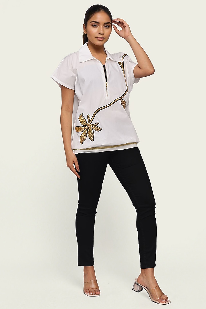 White Cotton Floral Embroidered Top by Richaa Goenka at Pernia's Pop Up Shop
