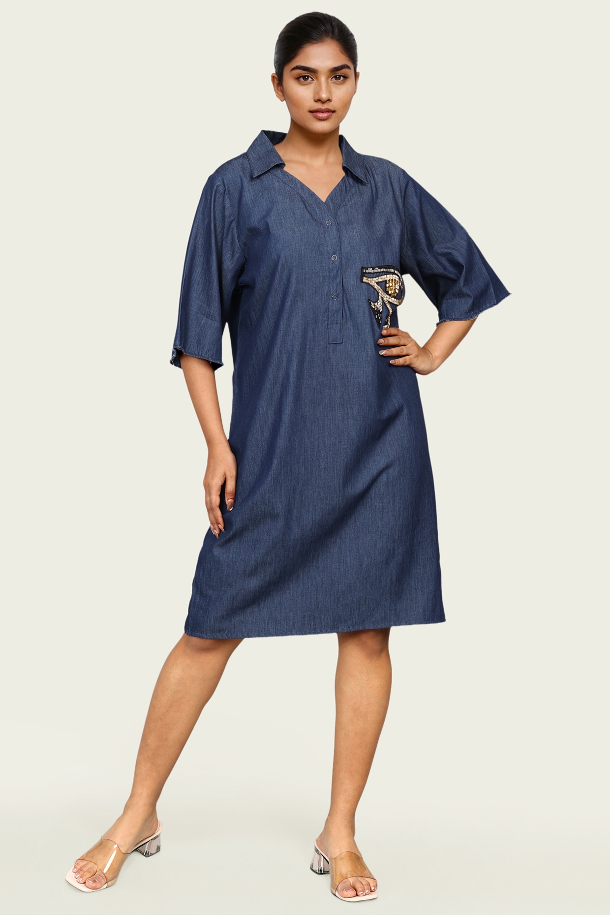 Richaa Goenka Blue Denim Cotton Embroidered Midi Dress