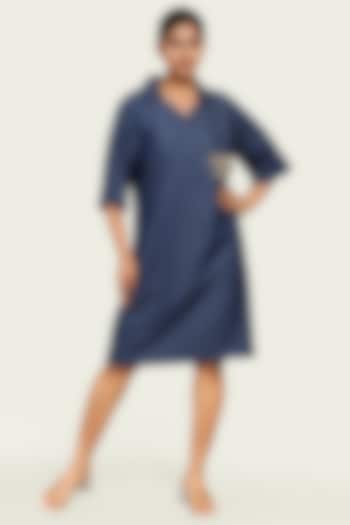 Blue Denim Cotton Embroidered Midi Summer Dress by Richaa Goenka at Pernia's Pop Up Shop