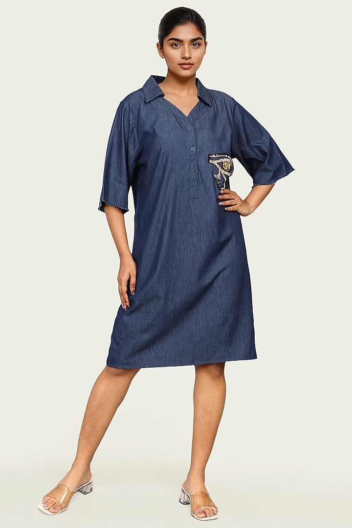 Blue Denim Cotton Embroidered Midi Summer Dress by Richaa Goenka at Pernia's Pop Up Shop