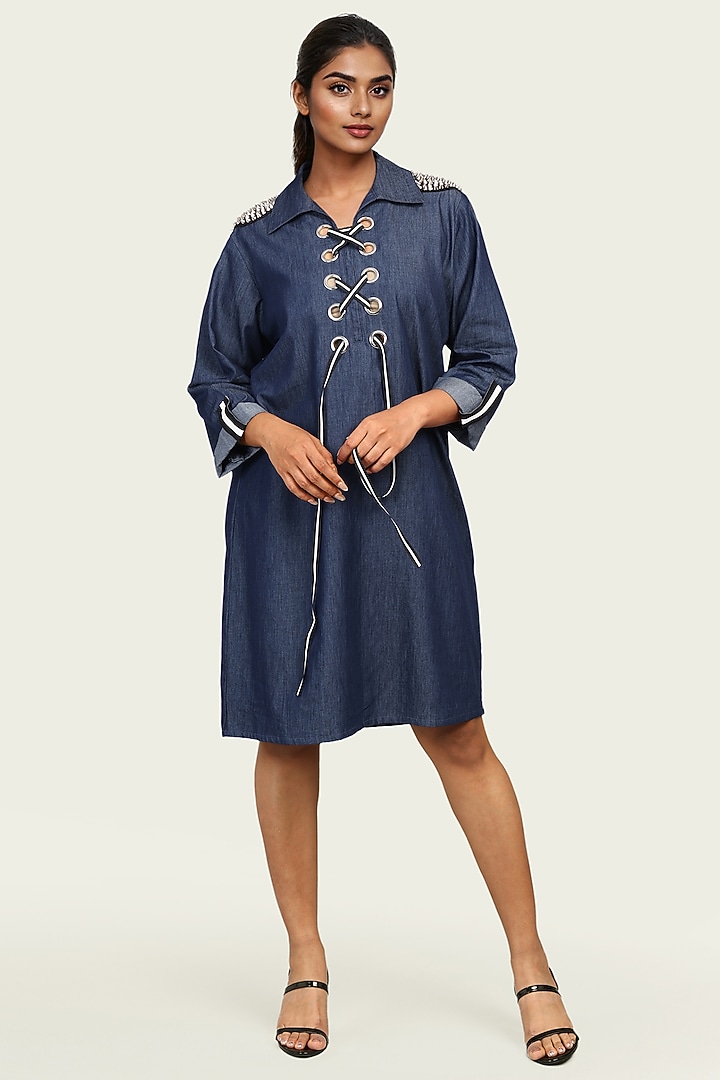 Blue Denim Cotton Embellished Summer Dress by Richaa Goenka at Pernia's Pop Up Shop
