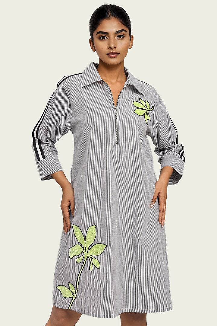 Black & White Cotton Sequin Embellished Striped Summer Dress by Richaa Goenka at Pernia's Pop Up Shop