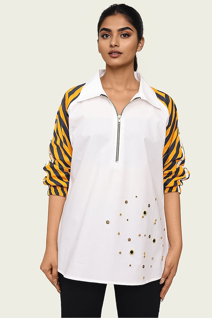 White Cotton Gold Embroidered Striped Shirt by Richaa Goenka at Pernia's Pop Up Shop