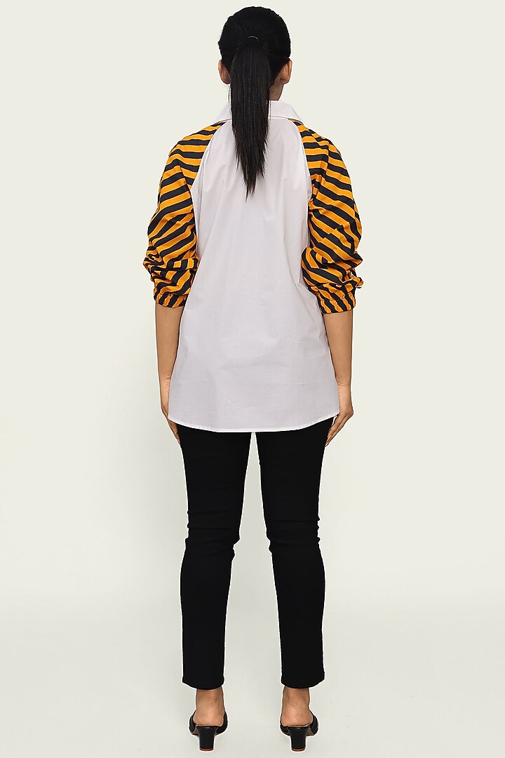 White Cotton Gold Embroidered Striped Shirt by Richaa Goenka at Pernia's Pop Up Shop
