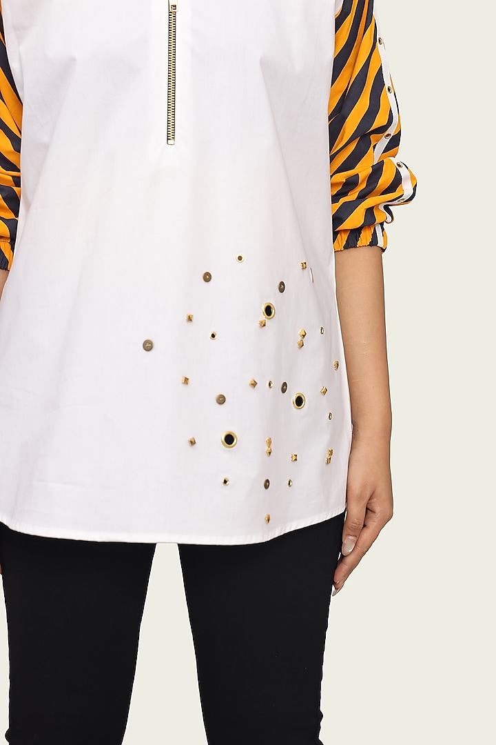 White Cotton Gold Embroidered Striped Shirt by Richaa Goenka at Pernia's Pop Up Shop