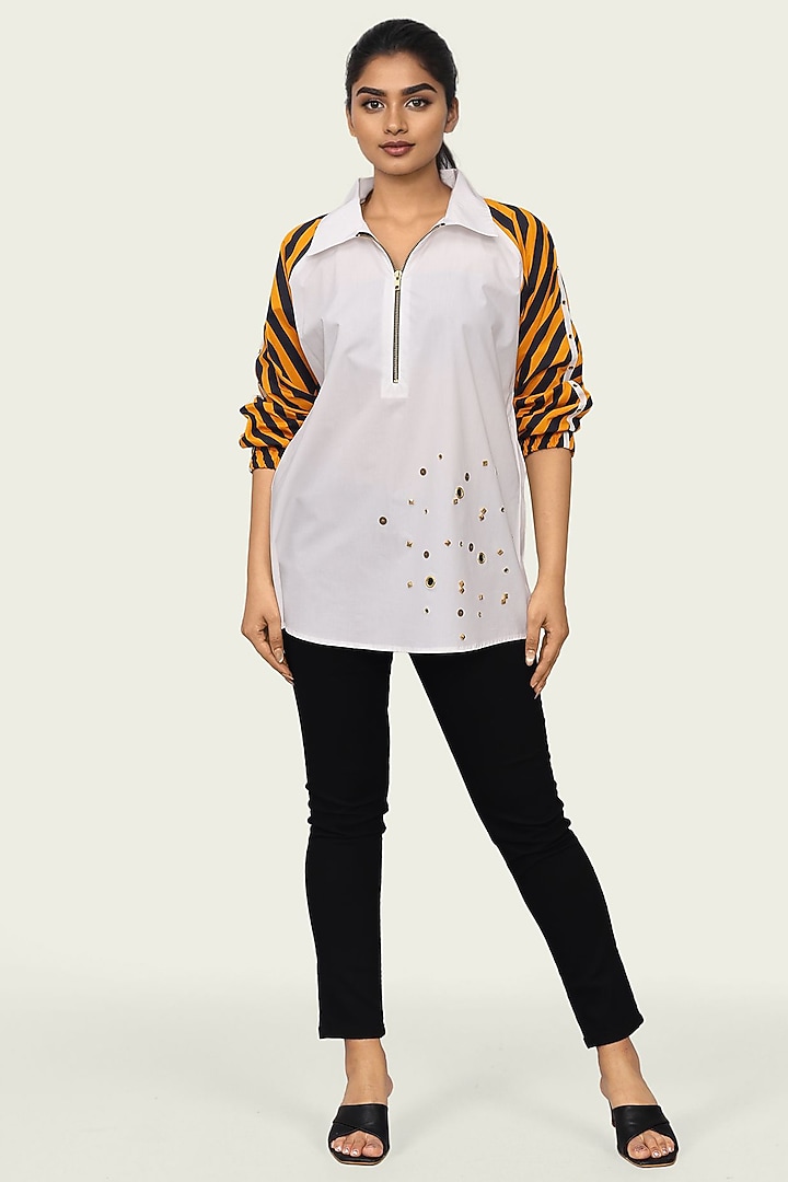 White Cotton Gold Embroidered Striped Shirt by Richaa Goenka at Pernia's Pop Up Shop