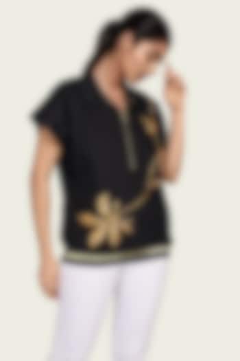 Black Cotton Floral Embroidered Top by Richaa Goenka at Pernia's Pop Up Shop