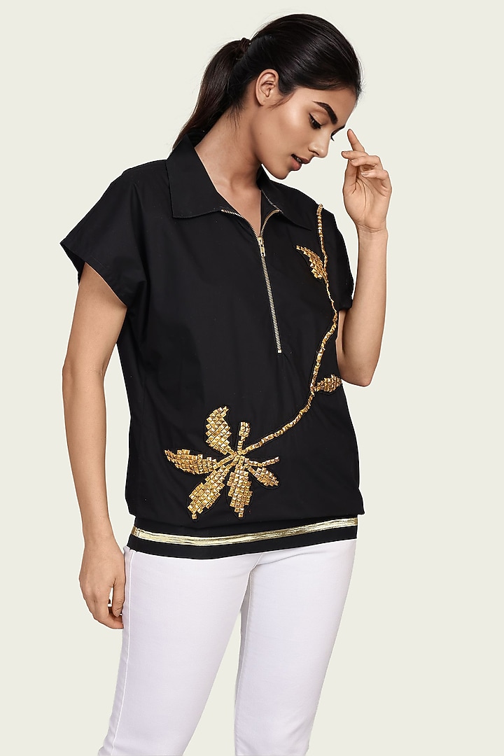 Black Cotton Floral Embroidered Top by Richaa Goenka at Pernia's Pop Up Shop