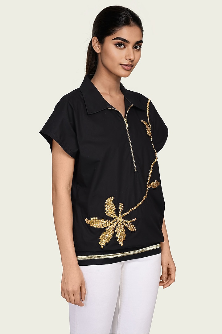 Black Cotton Floral Embroidered Top by Richaa Goenka at Pernia's Pop Up Shop