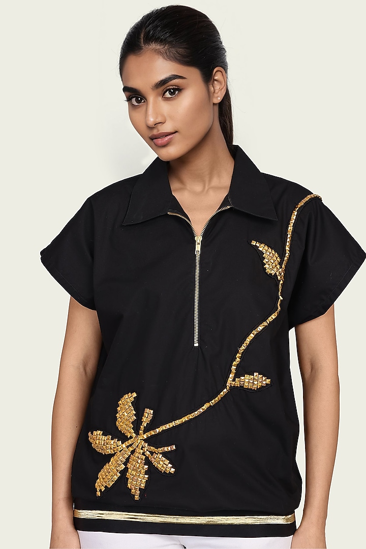 Black Cotton Floral Embroidered Top by Richaa Goenka at Pernia's Pop Up Shop