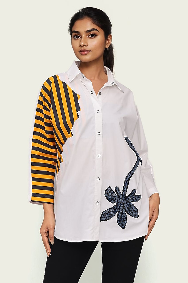 White Cotton Embroidered Striped Shirt by Richaa Goenka at Pernia's Pop Up Shop