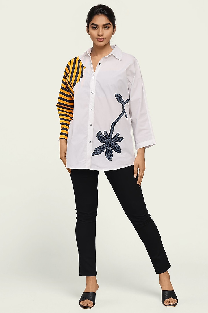 White Cotton Embroidered Striped Shirt by Richaa Goenka at Pernia's Pop Up Shop