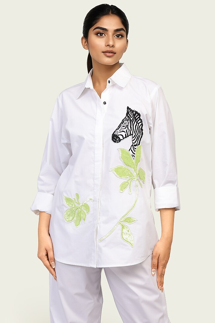 White Cotton Sequin Embroidered Co-Ord Set by Richaa Goenka at Pernia's Pop Up Shop