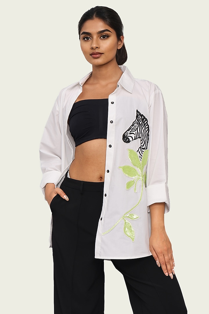 White Cotton Sequin Embroidered Shirt by Richaa Goenka at Pernia's Pop Up Shop