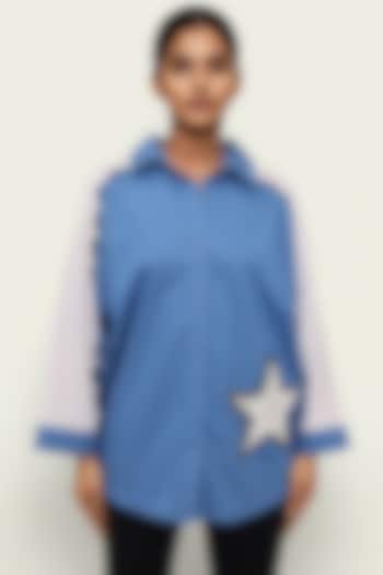 Blue Cotton Embroidered High-Low Poncho Shirt by Richaa Goenka at Pernia's Pop Up Shop