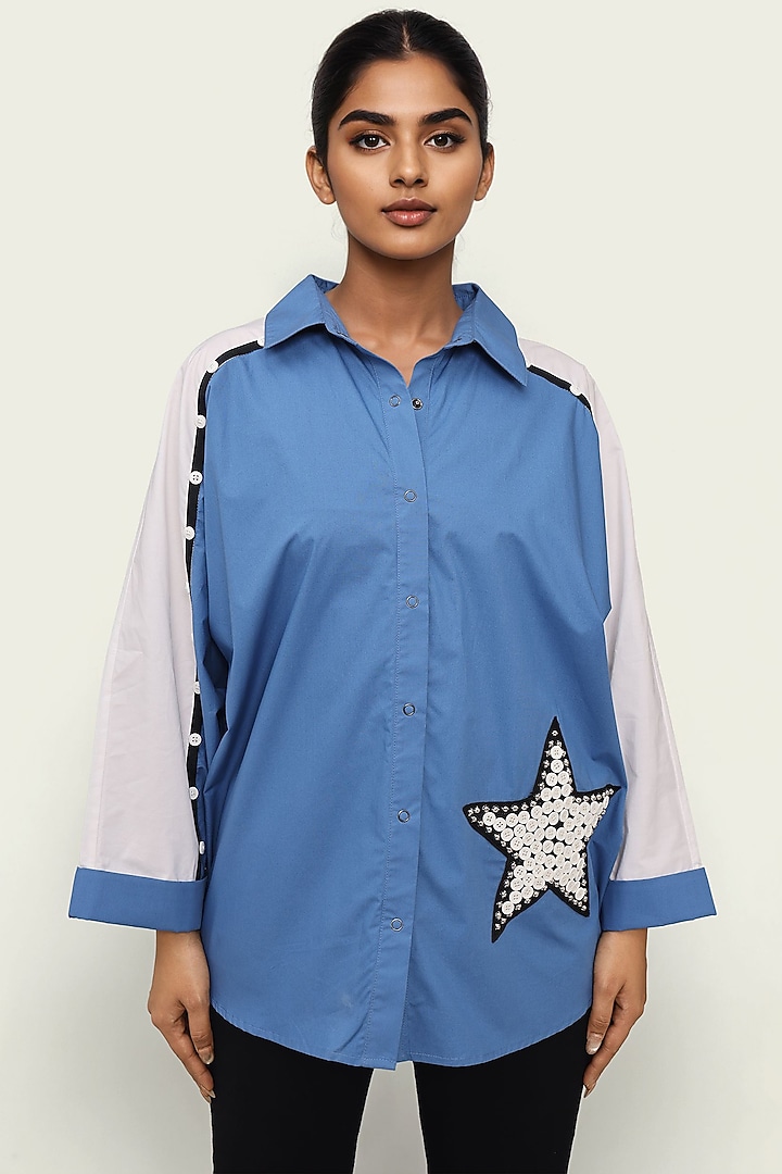 Blue Cotton Embroidered High-Low Poncho Shirt by Richaa Goenka at Pernia's Pop Up Shop