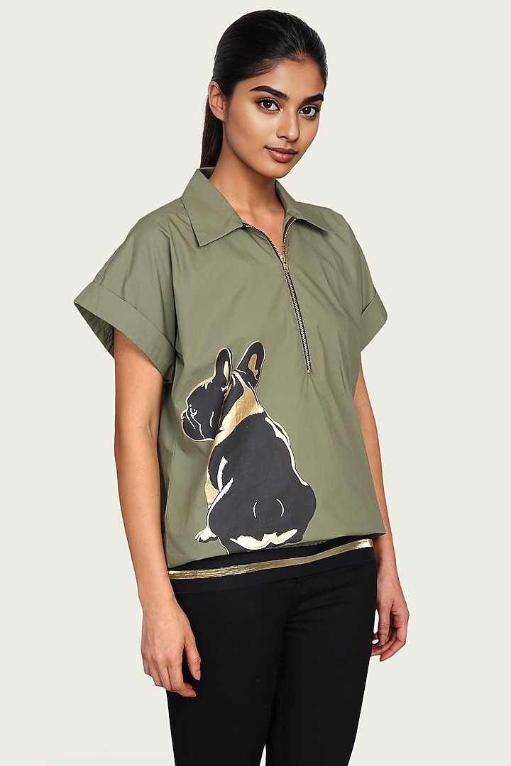 Olive Cotton Foil Printed Top by Richaa Goenka at Pernia's Pop Up Shop