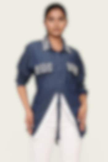 Blue Denim Cotton Crystal Embroidered Shirt by Richaa Goenka at Pernia's Pop Up Shop