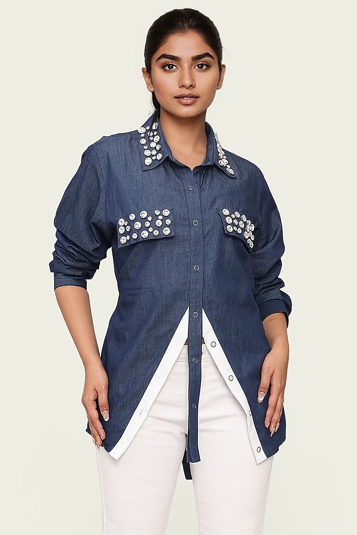 Blue Denim Cotton Crystal Embroidered Shirt by Richaa Goenka at Pernia's Pop Up Shop