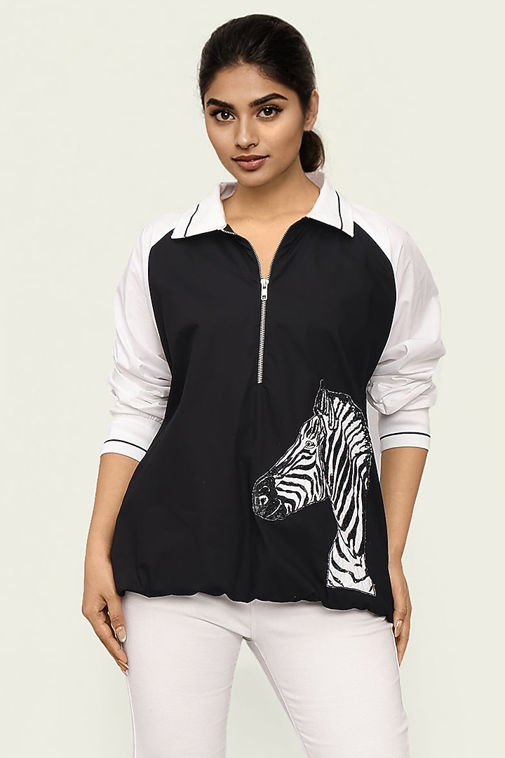 Black & White Cotton Bomber Top by Richaa Goenka at Pernia's Pop Up Shop