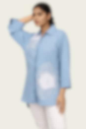 Blue Cotton Denim Embroidered High-Low Shirt by Richaa Goenka at Pernia's Pop Up Shop