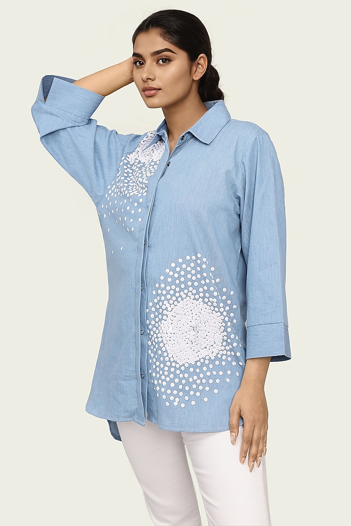 Blue Cotton Denim Embroidered High-Low Shirt by Richaa Goenka at Pernia's Pop Up Shop