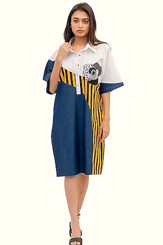 Multi-Colored Cotton Denim Embroidered Dress by Richaa Goenka