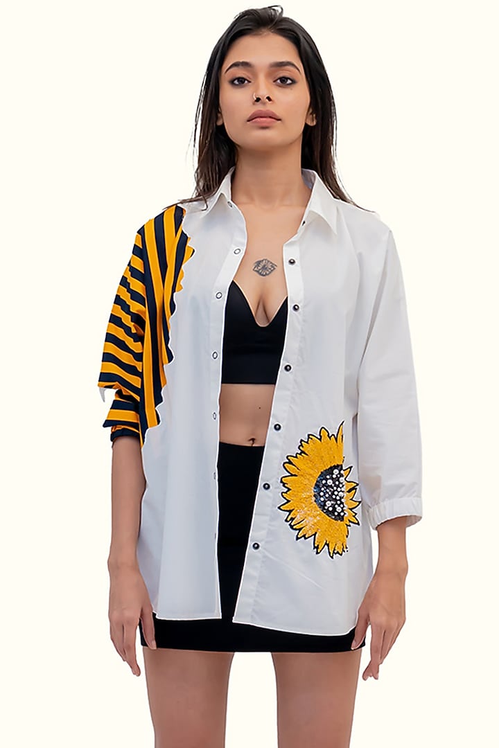 White Cotton Embroidered Sequins Embroidered Shirt by Richaa Goenka at Pernia's Pop Up Shop
