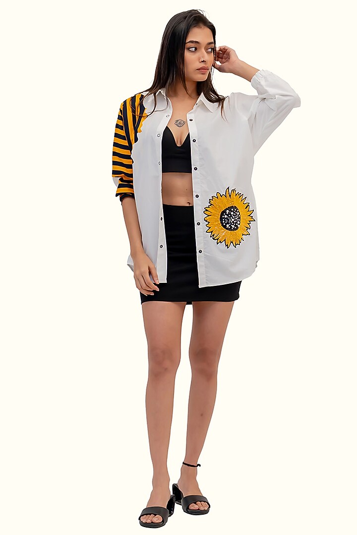 White Cotton Embroidered Sequins Embroidered Shirt by Richaa Goenka at Pernia's Pop Up Shop