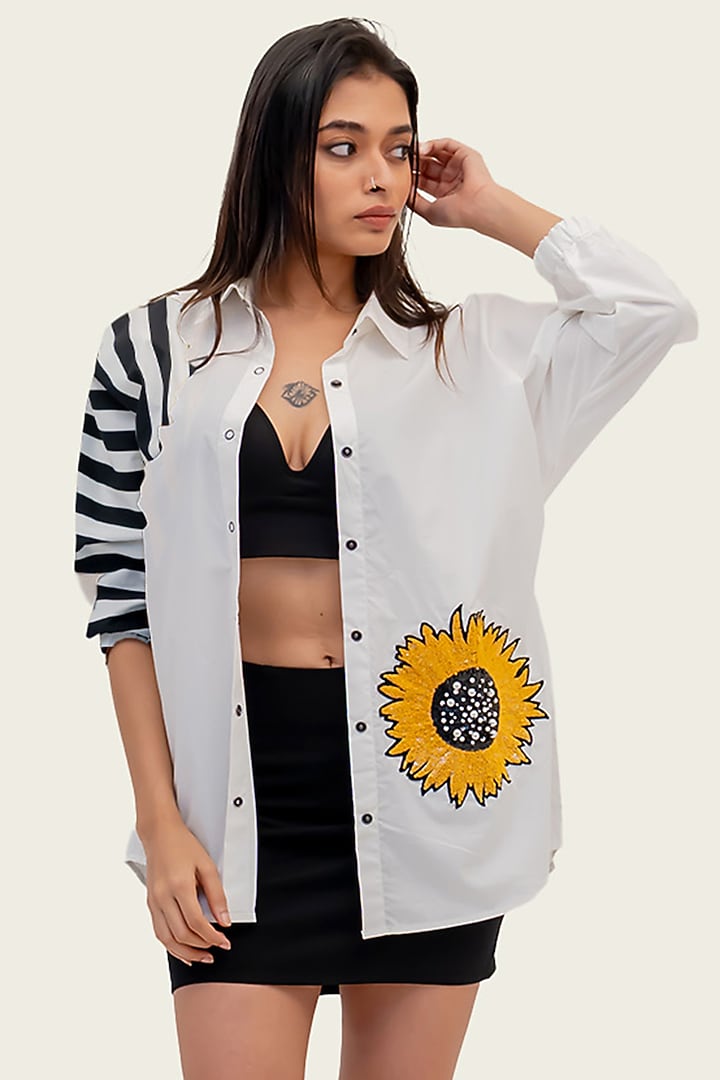 White Cotton Embroidered Sequins Embroidered Shirt by Richaa Goenka at Pernia's Pop Up Shop