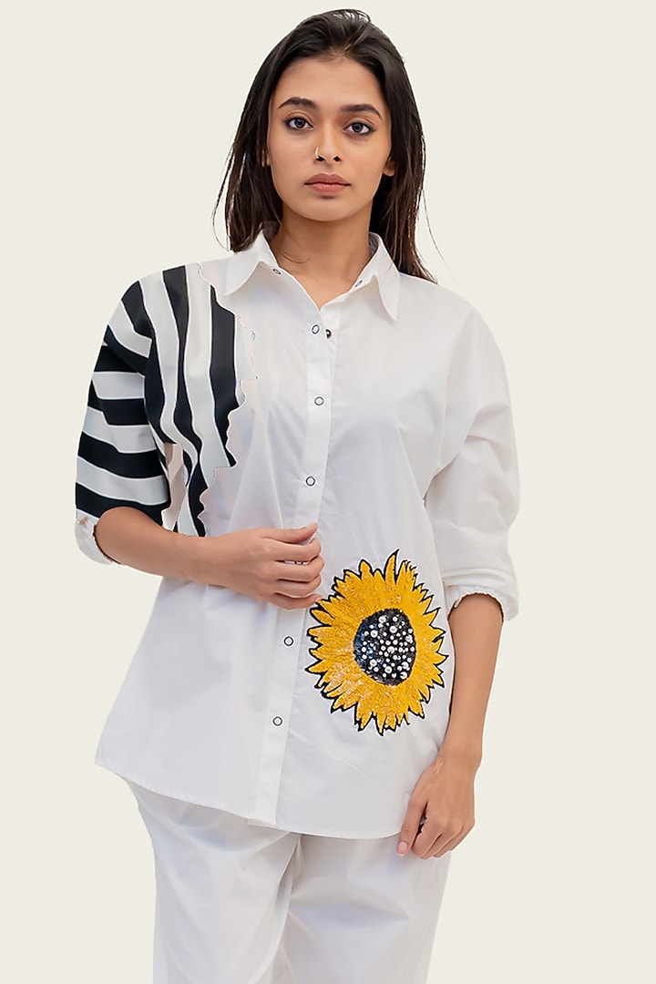 White Cotton Embroidered Sequins Embroidered Co-Ord Set by Richaa Goenka at Pernia's Pop Up Shop